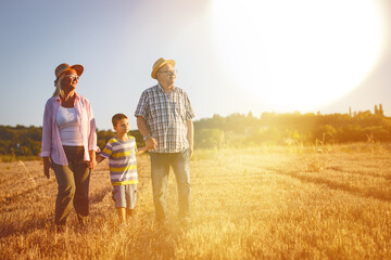 Grandparents wolking with they grandson.They playing on meadow and joying in summer sunset. 