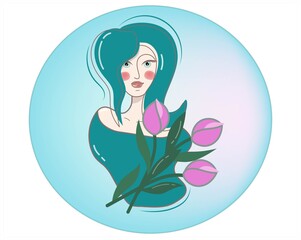 Stylish portrait of a cute and confident woman. Button with the image of a girl with a bouquet of tulips. Emblem. Vector illustration in blue colors.