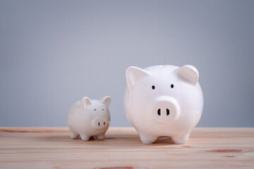 Income Management, expenses, invest, save, two white ceramic piggy bank on wood table saving and investment.