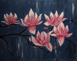 Pink magnolia blossoms on a twig in spring against a blue background.Acrylic painting. Spring magnolia flower in full bloom. Hand painted image. - obrazy, fototapety, plakaty