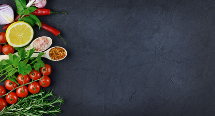 Colorful various herbs and spices for cooking on dark background, copy space, mock up, banner