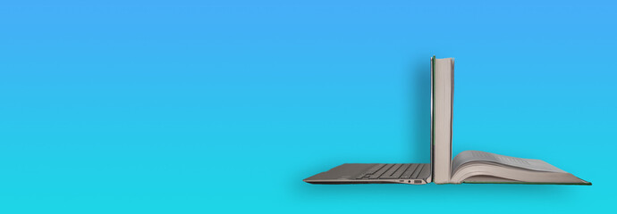 Banner with modern laptop computer positioned back to back with a thick open book. Concept for...