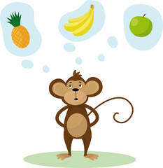 Vector illustration of a cute cartoon monkey with banana, apple and pineapple
