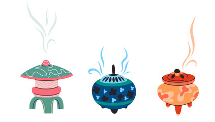 Japanese Incense isolated vector illustration set. Asian aromatic  holder design elements collection. Traditional meditation burner in cartoon style.