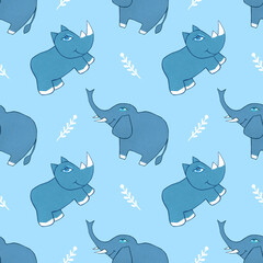 Seamless nursery pattern with cute big-eyed elephants and rhinos. Light blue backdrop with blue cartoon animals. The hand-drawn gouache illustration is suitable for children's fabrics and stationery. 