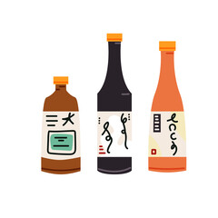 Sake bottle isolated vector illustration set. Traditional rice wine, Japanese beverage in glass design element. 
