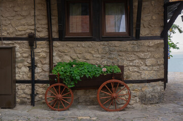 Obraz premium Wall of an old house with a fake wagon in which ivy grows