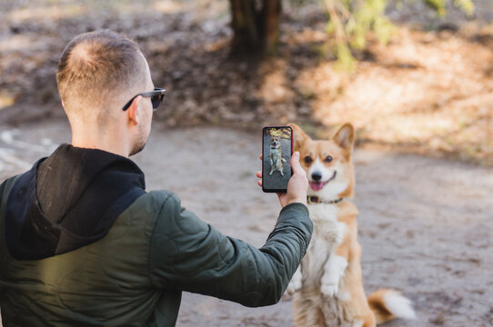 youg man taking a photo of his welsh corgi pembroke dog doing a trick