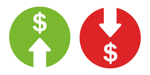 Сost reduction and growth business icons. Arrow dollar icon. Up and down arrow symbol, sign. Vector illustration.