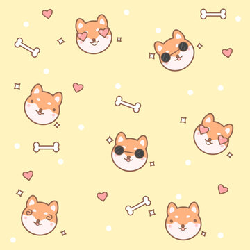 Cute pattern with shiba inu. Cute dogs on a yellow background with hearts and bones.