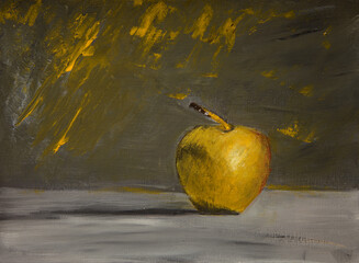 Yellow apple on a gray-yellow background.painting still life acrylic painting, art on canvas,art artwork,backgrounds.