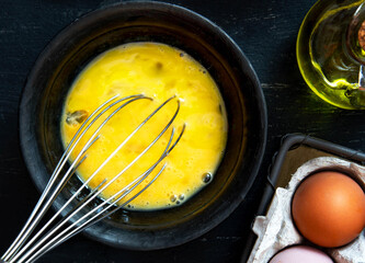 Beaten egg yolks in a bowl on a dark background