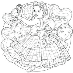 Child with a flower in his hands and balloons.Coloring book antistress for children and adults. Illustration isolated on white background.Zen-tangle style. Hand draw