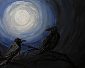 Portrait of two birds sitting on a branch at night, a raven (Corvus corax) and a crow (Corvus corone), against the background of the full moon in the forest, acrylic painting. Hand painted.