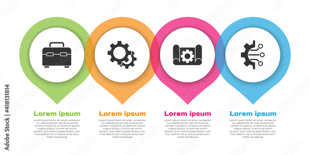 Poster set toolbox, gear, graphing paper and gear and algorithm. business infographic template. vector.