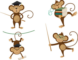 Collection of monkey in different poses with bachelor cap, books and glasses