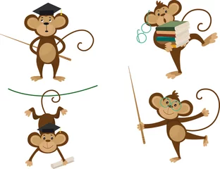Fototapete Affe Sammlung von Affen in verschiedenen Posen mit Junggesellenmütze, Büchern und Brille