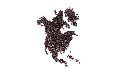 Mainland North America made of coffee beans isolated on a white background.