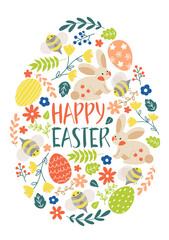 Fototapeta na wymiar Spring Happy Easter card with Funny bunny rabbits, Eggs, flowers and leaves in cute doodle style. Pattern in Egg shape. Stylish holiday background