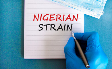 New covid-19 nigerian strain symbol. Hand in blue glove with white card. Concept words 'nigerian...