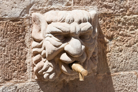 Gothic stone head of Fontain of the Church in Solsona, Lleida,Catalonia, Spain.
