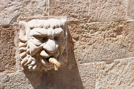 Gothic stone head of Fontain of the Church in Solsona, Lleida,Catalonia, Spain.