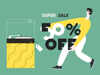 A curly-haired young man holds a super discount poster