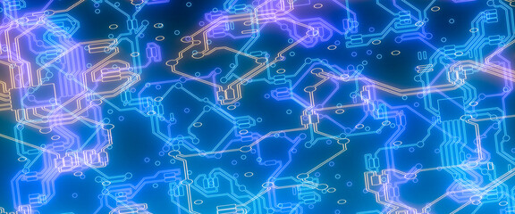 Futuristic electronic circuit board lit up showing signals and communication 3d render