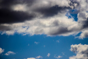 Beautiful blue sky and white cirrus clouds. Background. Texture. Scenery. Material for design.