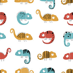 Vector hand-drawn colored childish seamless repeating simple flat pattern with chameleons in scandinavian style on a white background. Cute baby animals. Pattern for kids with chameleon. Lizard.