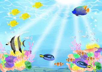 水彩風熱帯魚とサンゴ礁のイラスト  © hareta