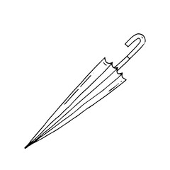 Folded umbrella. Vector hand-drawn doodle illustration. Black and white outline. Coloring for children. Silhouette. Monochrome