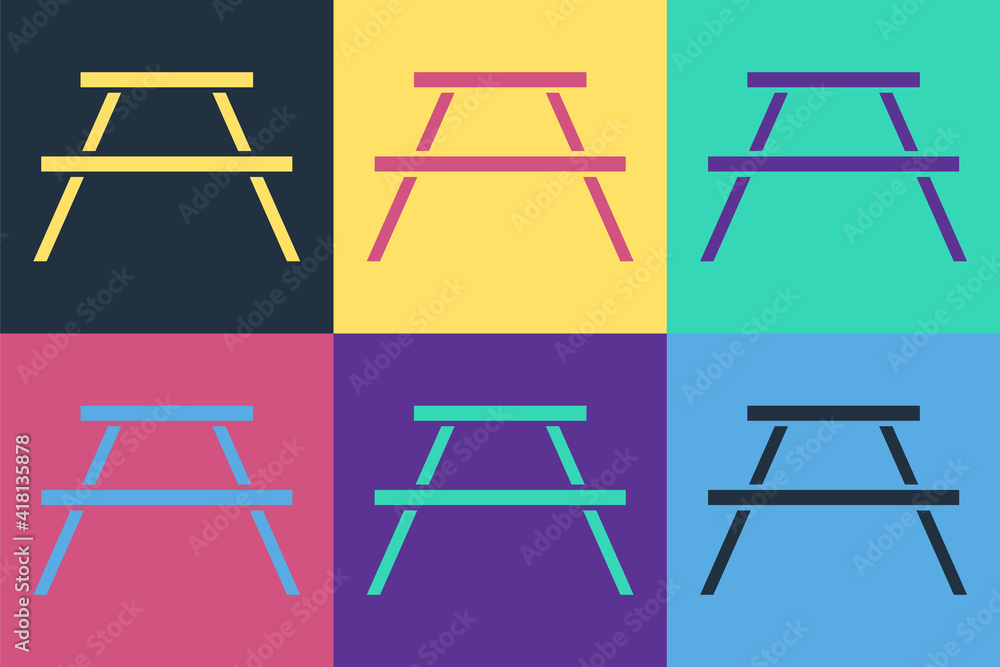 Poster Pop art Picnic table with benches on either side of the table icon isolated on color background. Vector.