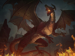 A beautiful digital art illustration of the dark crimsoned dragon destroyed the old castle. © Asanee