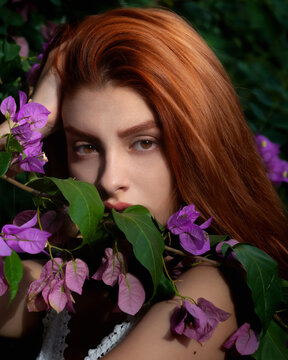 Portrait of a beautiful redhead woman amongst bougainvillea flowers, Italy