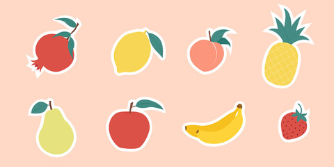 Colorful juicy fruits sticker collection. Hand drawn fruit doodles set. Pomegranate, lemon, peach, pineapple, pear, apple, banana, strawberry. Modern trendy vector illustration.