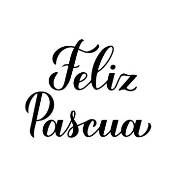 Happy Easter calligraphy hand lettering in Spanish language isolated on white. Easter celebration typography poster. Vector template for party invitation, greeting card, banner, sticker, etc