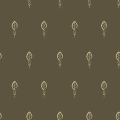 Little elliptical outlined leaves and dots seamless pattern with green background. Vector illustration