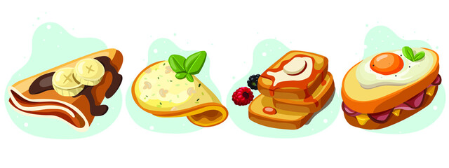 Set of four beautiful healthy food vector illustrations: pancakes with banana, omelet with mushrooms, toast with blackberries, sandwich with sausage and egg. Healthy eating