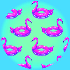 Swim ring in shape of flamingo. Cartoon illustration of rubber Inflatable pink flamingo. Vector illustration on a azure  background