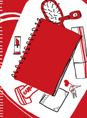 Bag, women`s bag with women`s accessories. Red women`s accessories on a red background. Silhouettes of women`s items in the bag. T-shirt print.