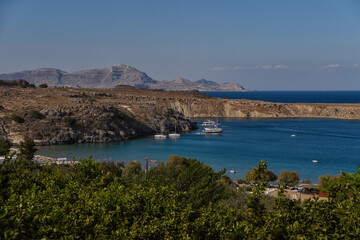 Naklejka na ściany i meble Rhodes, Greece – beautiful landscape of the Lindos bay.