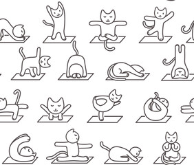 Seamless pattern of a cute healthy cat doing yoga exercises on a mat in square format, black and white line drawn outline vector illustration