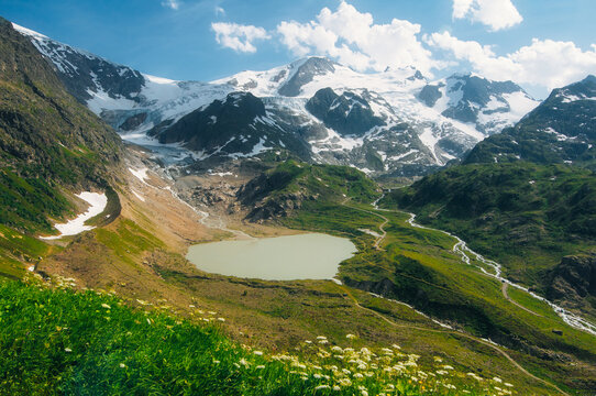 Aerial view of a glacial lake in Swiss Alps, Steingletscher, Switzerland