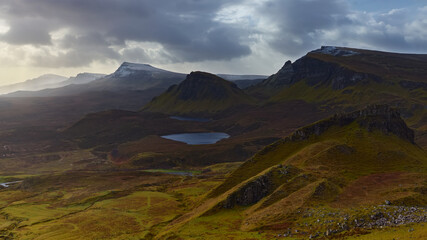 panoramic stuning views of The Quiraing on the Isle of Skye at sunset , Scotland