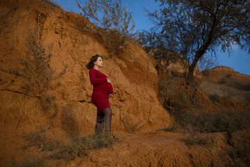 Naklejka premium Stylish pregnant woman. Beautiful young pregnant woman enjoying the sunset. Pregnant tummy. The pleasure of pregnancy. Life style. Motherhood.Maternity.