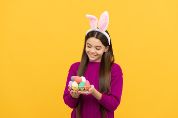 happy teen girl wear bunny ears. happy easter. childhood happiness. child in rabbit costume