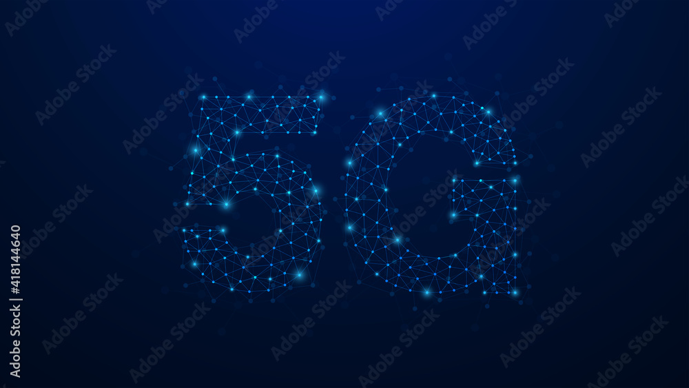 Wall mural 5g abstract plexus dots network. concept of business technology. shape on blue background. vector il