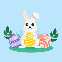 Cute little bunny with an Easter egg. Character in cartoon style. Happy Easter!