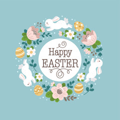 Happy Easter greeting card. Vector illustration of a cute cartoon rabbits, Easter eggs and flowers wreath. Isolated on light blue background